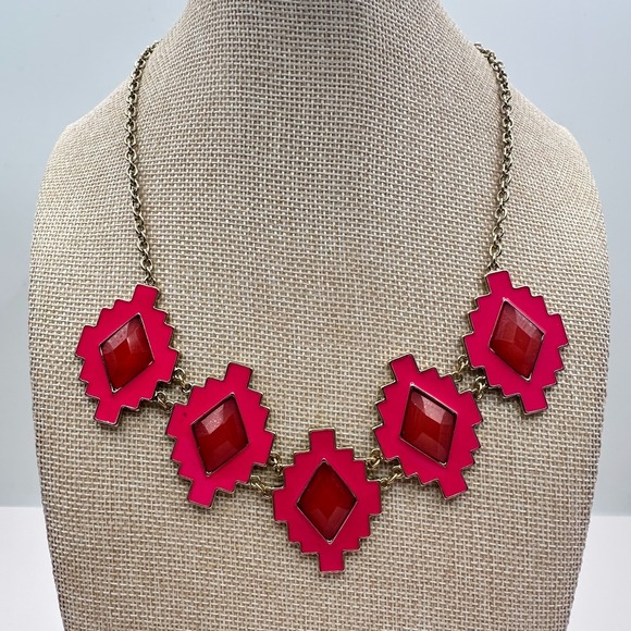 The Unbranded Brand Jewelry - Vintage Y2K Pink Enamel Frames Red Glass Statement Necklace Gold Tone Jewelry